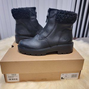 UGG Womens Czeriesa Fur Cuff Waterproof Black Leather Ankle Boots‎ Size 8
